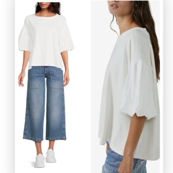 We The Free Cream Relaxed Boxy Tee with Puff Sleeves Size XL NWT